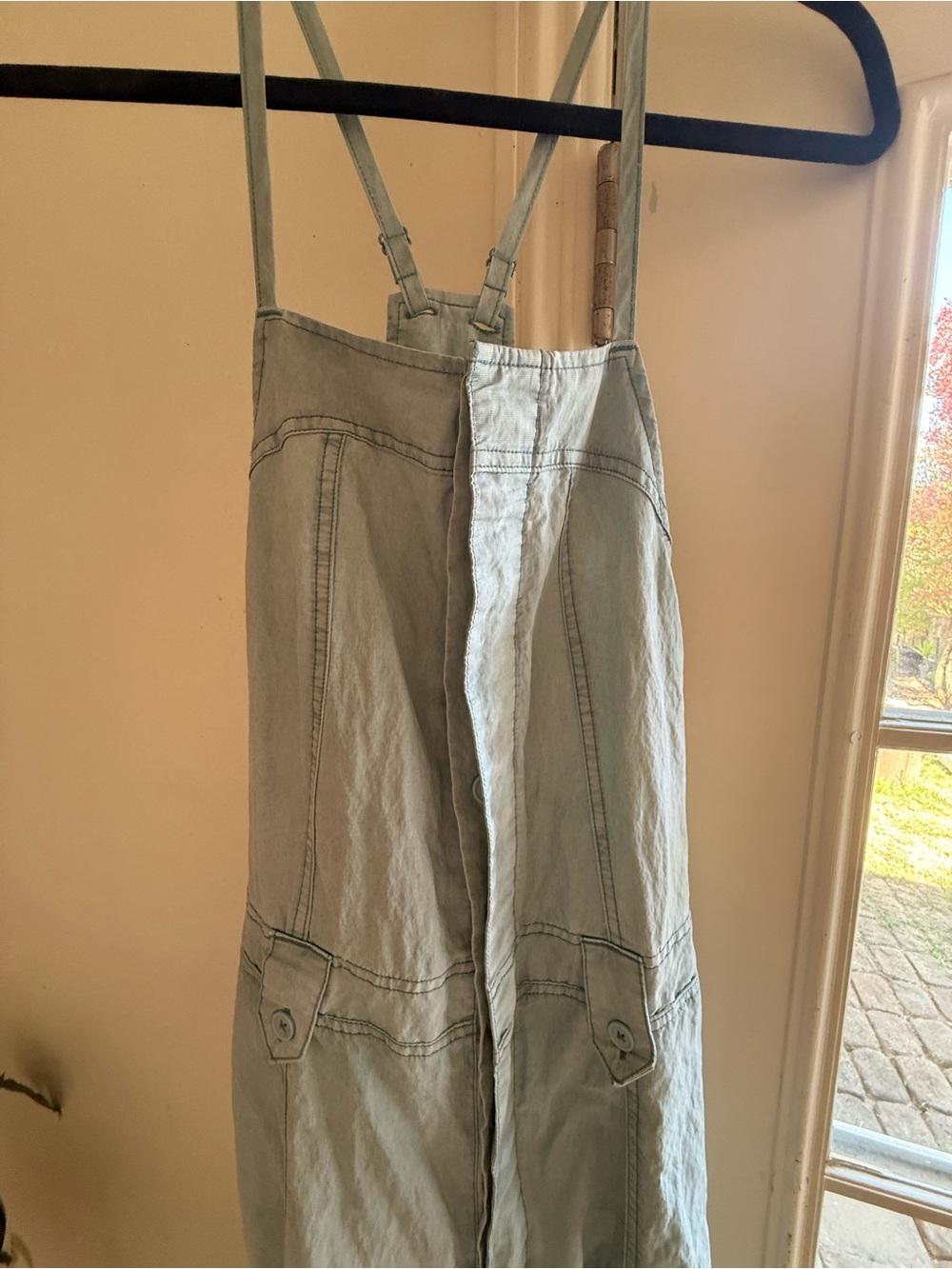 Dusty Mint Crinkly Linen Wide-Leg Overalls - Picture 3 of 4